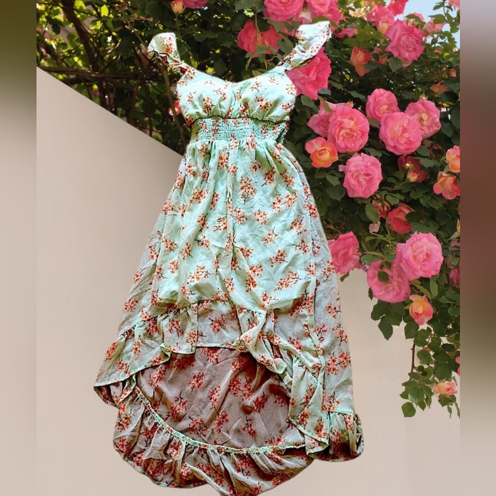 No Boundaries Asymmetrical Dress in Mint and Peach Floral